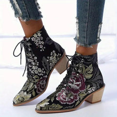 Chunky Heel Boots Women Flower Embroidered Block Heels Ethnic Ankle Booties Womens Bride Wedding Party Pointed Toe Comfortable Walking Boot Shoes Classic Lace Up Short Dress Boots