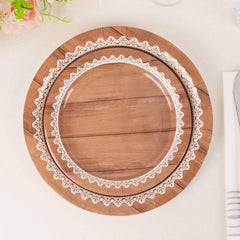 Efavormart 25 Pack White Brown Wood Grain Print Paper Dinner Plates With Floral Lace Rim, Round Disposable Party Plates - 7"