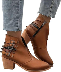 Women's V Cut Out Stacked Heel Retro Ankle Boots with Belt Buckle Side Zipper Block Low Heel Pointed Toe Goth Punk Boot Women Chunky Heels Fall Winter Leather Short Booties Shoes