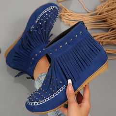 Womens Cowboy Boots Fringe Tassel Studded Back Zipper Flat Ankle Boots Fashion Round Toe Wide Width Non-Slip Booties