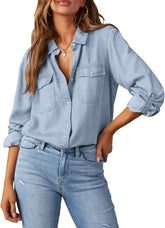 Astylish Women Button Down Denim Shirts Casual Long Sleeve V Neck Chambray Blouse Top