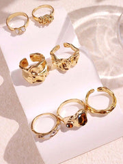 7pcs Fashionable Personalized Multicolor Rhinestone Geometric Metal Ring Set for Women