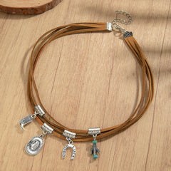 1PCS Western Layered Cactus Pendant Necklace, Denim Multi-Strand Choker, Cowgirl Style Jewelry, Adjustable Desert Charm Necklace for Women, Fashion Accessory (Silver&Blue)