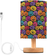 Doodle Colorful Pumpkins Bedside Table Lamp Small Desk Lamps Linen Fabric Shade Decorative Nightstand Lamp LED with USB Port Wood Base for Bedroom Living Room