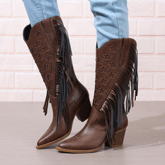 Women Cowboy Boots Mid Calf High Cowgirl Boots With Fringe Wide Calf Riding Cowgirl Cowboy Boots