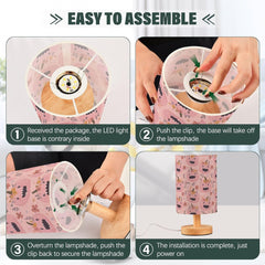 Cute Pink Floral Pumpkin Bedside Table Lamp Small Desk Lamps Linen Fabric Shade Decorative Nightstand Lamp LED with USB Port Wood Base for Bedroom Living Room