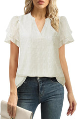 Lotusmile Womens Dressy Chiffon Blouses Summer Puff Petal Short Sleeve Shirts V Neck Casual Work Tops