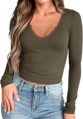 PINKMSTYLE Women Sexy V Neck Lace Long Sleeve Shirts Basic Fitted Double Lined Going Out Y2K Trendy Fall Tops