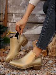 Women's Pointed Toe Leather Stacked Heel Western Ankle Bootie Womens Ankle Boots Fashion Side V Cut Rear Zipper Low Chunky Heel Stylish Casual Short Western Booties Pull On Work Shoes