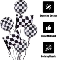 6Pcs Black and White Checkered Balloons,18 Inch Race Car Balloons,Checkered Flag Balloons Mylar Foil Checker Balloons for Racing Themed Birthday Party Decorations Supplies