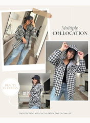 Dokotoo Womens Plaid Shacket Jacket Long Sleeve Button Down Fleece Hooded Jackets Warm Coat