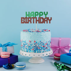 Happy Birthday Cake Topper, Green and Brown Cake Topper Cartoon Video Game Theme Decorations Easy to Use Party Supplies for Boy Girl Birthday Baby Shower