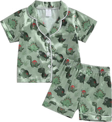 BULINGNA Kids Summer Satin Pajamas Sets Toddler Boys Dinosaur Pjs Short Sleeve Silk Nightwear Two Piece Sleepwear Loungewear