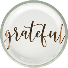 Unique Industries Pastel Thanksgiving Grateful Foil Stamping Round Dessert Paper Plates - 7" (8 Ct) | Elegant & Disposable Paper Plates - Ideal for Holiday Celebrations & Gatherings, Gray, White, Gold
