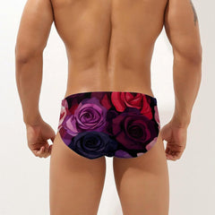 Rose Print Men's Swimsuit Brief Beach Shorts Bikini Swimwear Sexy Swimming Trunks