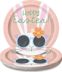 Unique Pink Cool Bunny Hoppy Easter! Round Paper Dinner Plates - 9" (Pack of 8) - Festive Easter Design, Perfect for Easter Celebrations and Spring Festivities