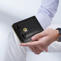 PU Leather Wallet for Men, Mini Portable Bifold Mens’ Wallet with Zipper Buckle Multi Compartments ID Windows (Black)