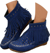 Womens Cowboy Boots Fringe Tassel Studded Back Zipper Flat Ankle Boots Fashion Round Toe Wide Width Non-Slip Booties