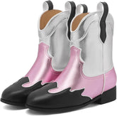 Kids Cowboy Boots Unisex Cowgirl Metallic Western Booties Round Toe Pull on Splicing Riding Ankle Boots for Boys/Girls