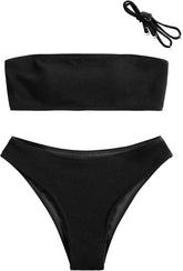 ZAFUL Women Strapless Ribbed High Cut Bandeau Bikini Lace Up 2 Pieces Swimwear