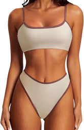 SUUKSESS Women High Waisted 2 Piece Bikini Set Cheeky High Cut Bandeau Swimsuit