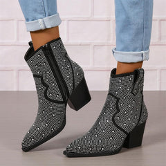 Women's Rhinestone Boots Sparkly Cowboy Booties Pointed Toe Bridal Wedding Western Studded Ankle Boots Cowgirl Short Boots