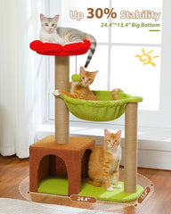 Flower Cat Tree with Large Metal Frame Hammock, 35" Pink Cat Tower with Sisal Scratching Posts for Small Indoor Cats, Cat Condo with Blue Top Perch for Kittens, Fluffy Ball, Pink