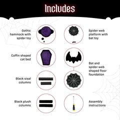 Gothic Cat Tree with Coffin Cat Bed, Gothic Cat Tower, Coffin cat Tree with Sisal Scratching Posts for Halloween cat, Small Size, Black with Red Littlesy