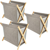 3 PCS Bamboo Laundry Hamper, X-Frame Laundry Basket, Laundry Hamper with Removable Bag, Foldable Laundry Basket for Household-Gery