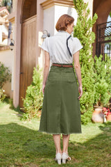 Belle Poque Vintage Denim Skirts for Women Elastic High Waist Frayed Raw Hem A-Line Maxi Long Jean Skirts with Pockets