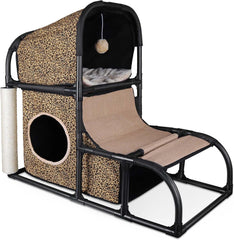 Goetland PVC Modern Cat Condo House Tree Medium Tower Bed Scratching Post Climber With Peek Hole and Dangling Ball for Kitty Indoors Leopard