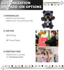 DolliBu Black Bear Hand Puppet Stuffed Animal with Silver Cross and Personalization - Baptism Gifts for Boys and Girls, Dedication Christening Gifts Plush Prayer Toy Healing Teddy Bear - 9 Inches