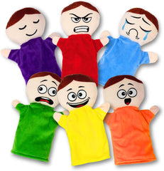 4E's Novelty Feeling Hand Puppets for Kids with 6 Emotions, with Moveable Arms, Soft Plush Hand Puppets for Toddlers, Early Education Toys, Social Emotional Learning Activities - Pack of 6