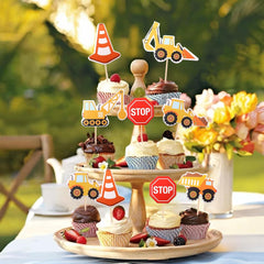 24 Pcs Construction Cupcake Toppers, Excavator Stop Sign Tractor Dump Truck Architectural Birthday Cake Decorations for Construction Theme Baby Shower Kids Birthday Party Supplies