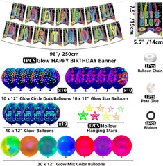 Glow in the Dark Birthday Party Decorations, Includes Happy Birthday Banner, Neon Balloons, Star Decorations Swirls, Glow Birthday Supplies for Kids
