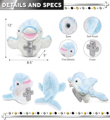 DolliBu Dolphin Hand Puppet Stuffed Animal with Silver Cross and Personalization - Baptism Gifts for Boys and Girls, Dedication Christening Gifts Plush Prayer Toy Healing Teddy Bear - 12 Inches