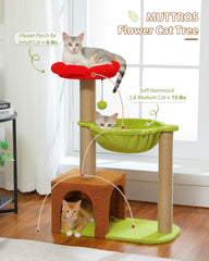 Flower Cat Tree with Large Metal Frame Hammock, 35" Pink Cat Tower with Sisal Scratching Posts for Small Indoor Cats, Cat Condo with Blue Top Perch for Kittens, Fluffy Ball, Pink