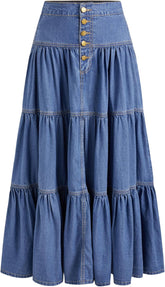 CIDER Women’s Long Jean Denim Tiered Button Down High Waisted Maxi Skirts