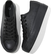 Rominz Women's White Platform Sneakers PU Leather Platform Shoes Classic Black Low Top Sneakers Casual Walking Shoes for Women