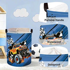 Racing Car Baby Laundry Hamper with Handle Clothes Kids Storage Basket Collapsible Boys Gift Toy Box Bin for Nursery Room, Blue, 36L