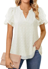Lotusmile Womens Dressy Chiffon Blouses Summer Puff Petal Short Sleeve Shirts V Neck Casual Work Tops