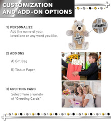 DolliBu Wolf Hand Puppet Stuffed Animal with Silver Cross and Personalization - Religious Baptism Gifts for Boys and Girls, Dedication Christening Gifts Plush Prayer Toy Healing Teddy Bear - 9.5 Inch