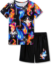 Tebbis 2-Piece Cozy Pajamas For Little/Big Boys Gamer Yellow Short Sleeves Cool PJs Set Kid Size 6-18