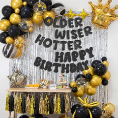 Older Wiser Hotter Banner - Pre Strung Glitter Black Fun Happy Birthday Garland for Women Men Black Birthday Decorations Retirement Party Supplies