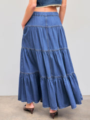 CIDER Women’s Long Jean Denim Tiered Button Down High Waisted Maxi Skirts