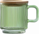 Lysenn Clear Glass Coffee Mug with Lid - Premium Classical Vertical Stripes Glass Tea Cup - for |Latte|Tea|Chocolate|Juice|Water| - Unleaded - Bamboo Lid - 12.5 Ounces