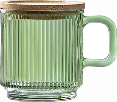 Lysenn Clear Glass Coffee Mug with Lid - Premium Classical Vertical Stripes Glass Tea Cup - for |Latte|Tea|Chocolate|Juice|Water| - Unleaded - Bamboo Lid - 12.5 Ounces