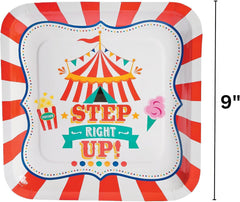 Fun Express Step Right Up Carnival Party Square Paper Dinner Plates - Carnival Themed Disposable Dessert Paper Plates - Decorations Tableware for Birthday Baby Shower - Party Supplies - 8 Pieces
