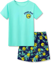 Beezizac Big Boys Pajamas Teal & Navy Face 2-Piece Fun Short Sleeve PJ Set Kid Cozy Sleepwear Children Size 6-18