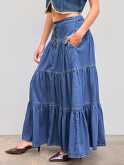CIDER Women’s Long Jean Denim Tiered Button Down High Waisted Maxi Skirts